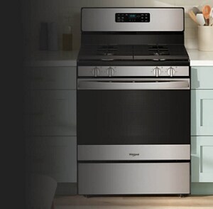 Whirlpool® Gas Range in light blue cabinetry