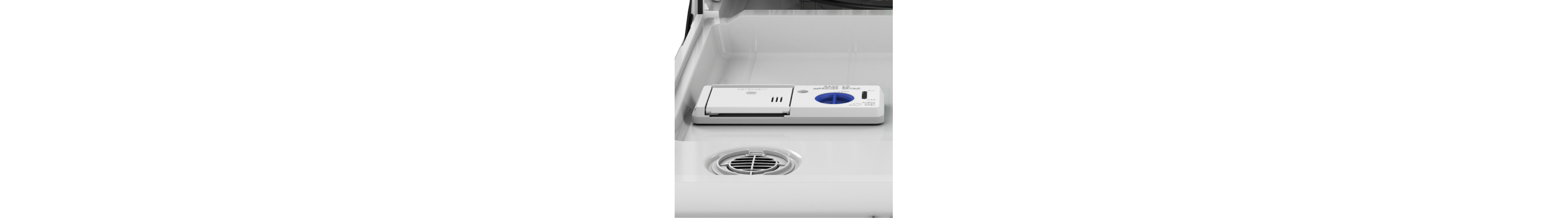 A detergent dispenser on a dishwasher