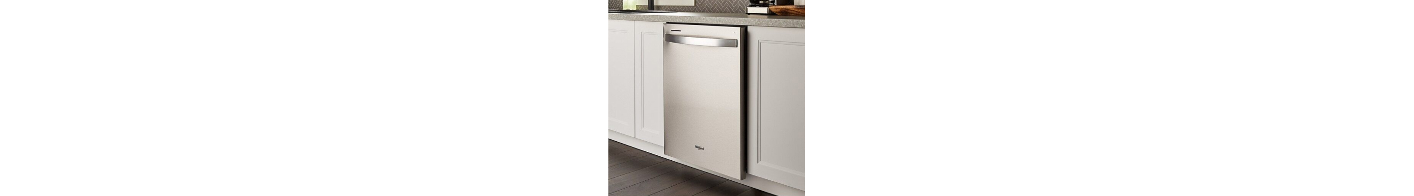 A closed Whirlpool® Dishwasher set between white cupboards