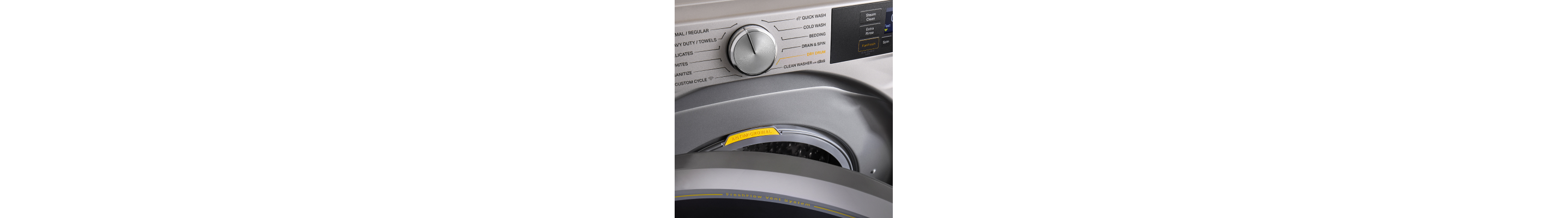 A knob pointing to different cycle settings on a front load washer