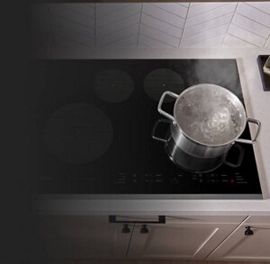 A pot of water boiling on an induction cooktop