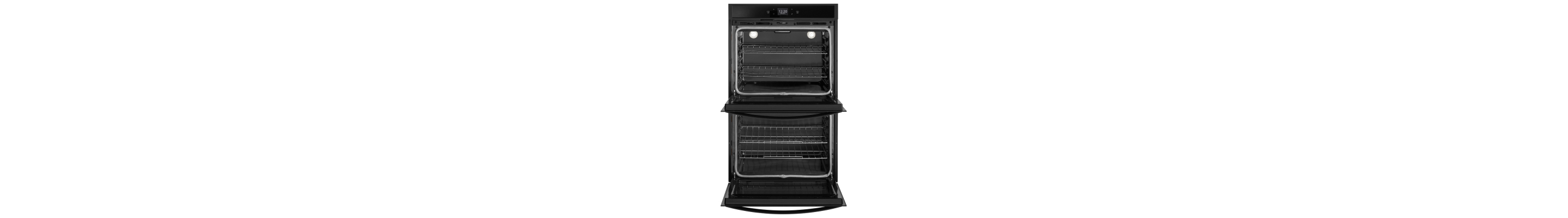 A double conventional oven with both doors opened