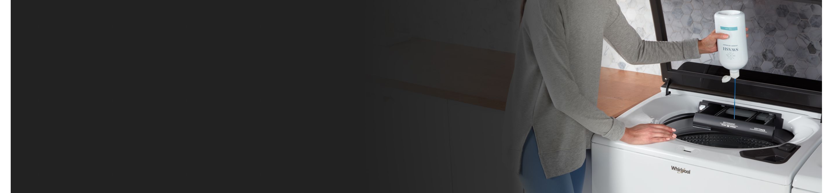 Woman pouring Swash® laundry detergent into a top load washer