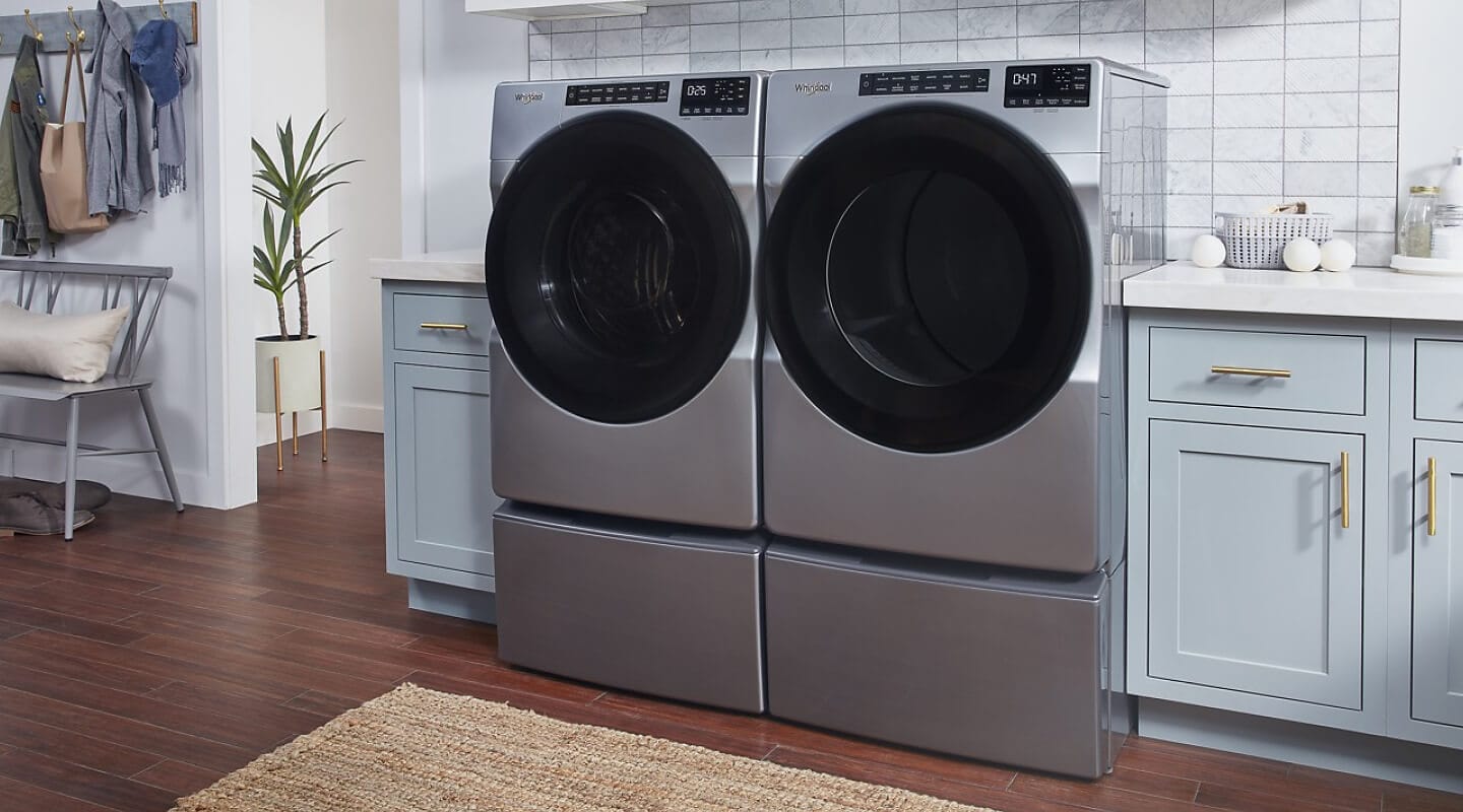 Gray Whirlpool® Front Load Washer and Dryer placed side by side