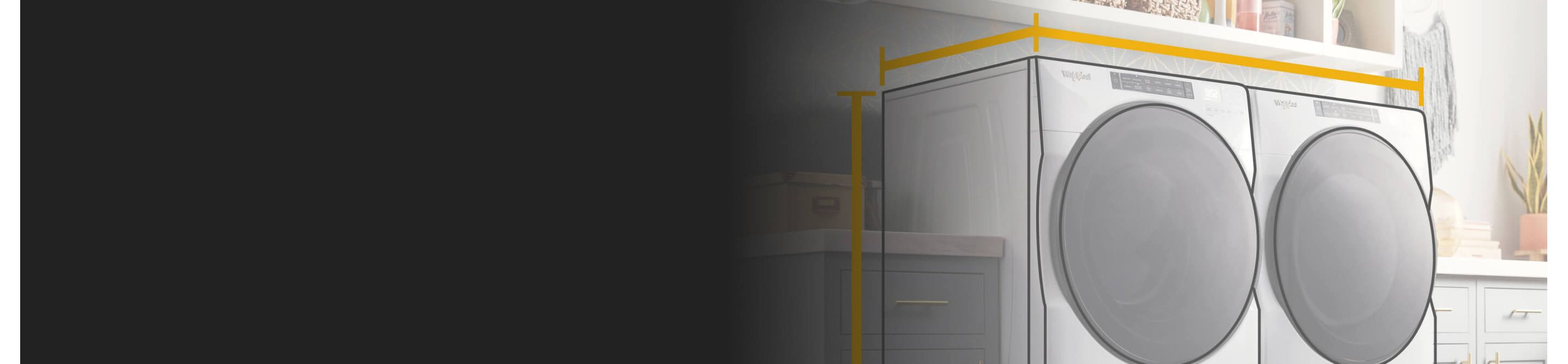 Rendering of a front load washer and dryer with dimension outlines around them