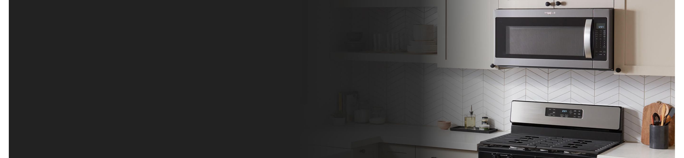Over-the-range microwave in a bright kitchen