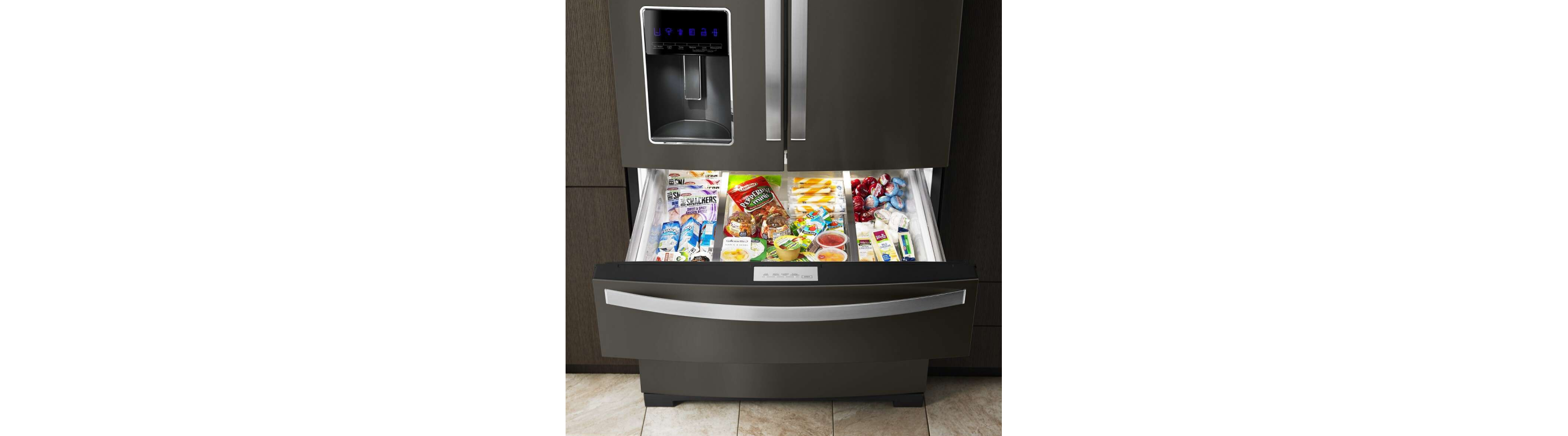 Whirlpool® Refrigerator with exterior drawer pulled out and full of food