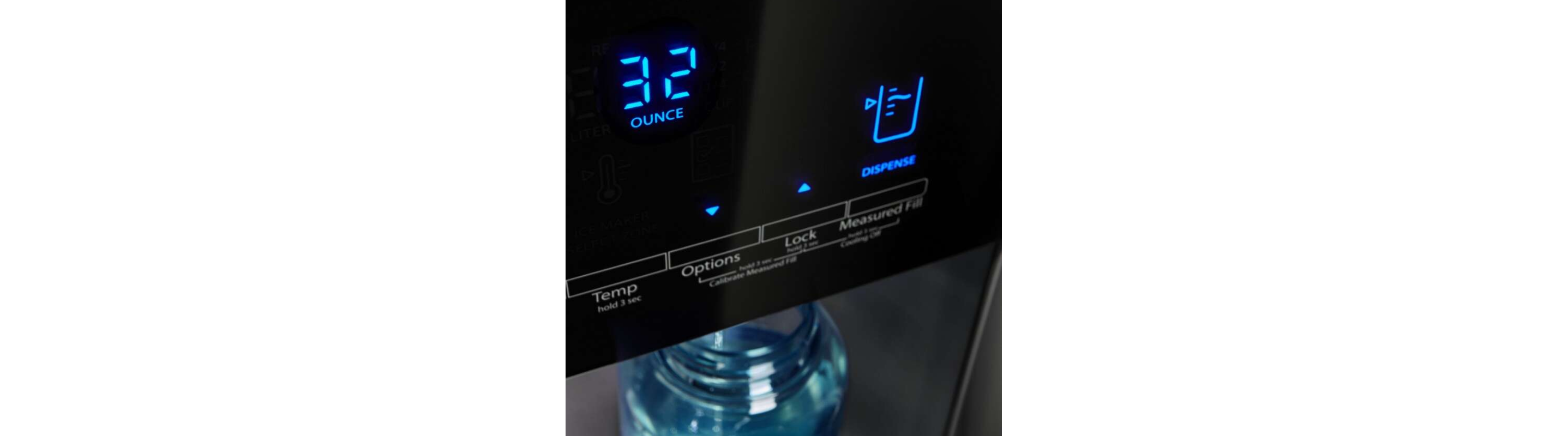 Close-up of a refrigerator water dispenser using the Measured Fill option