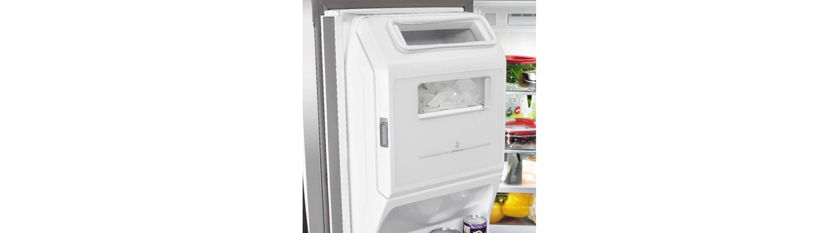 A refrigerator’s in-door ice maker full of ice 