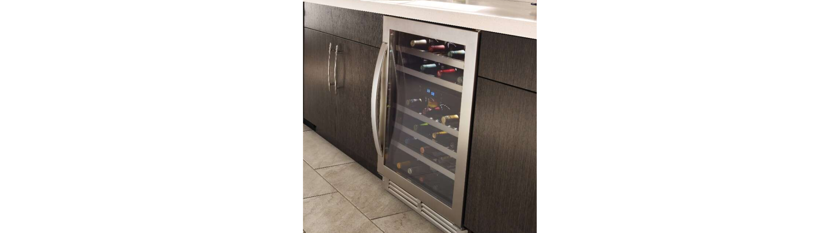 A Whirlpool® Undercounter Wine Refrigerator stocked with wine bottles