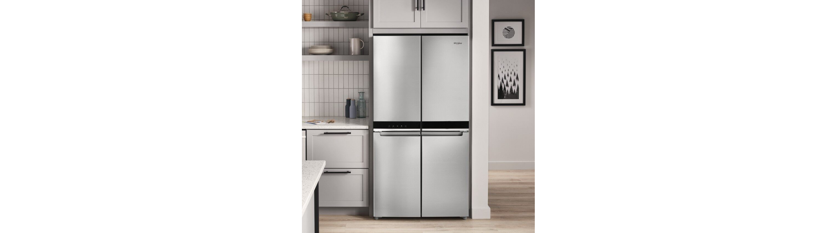 Whirlpool® French Door Refrigerator in a suite of stainless steel Whirlpool brand appliances