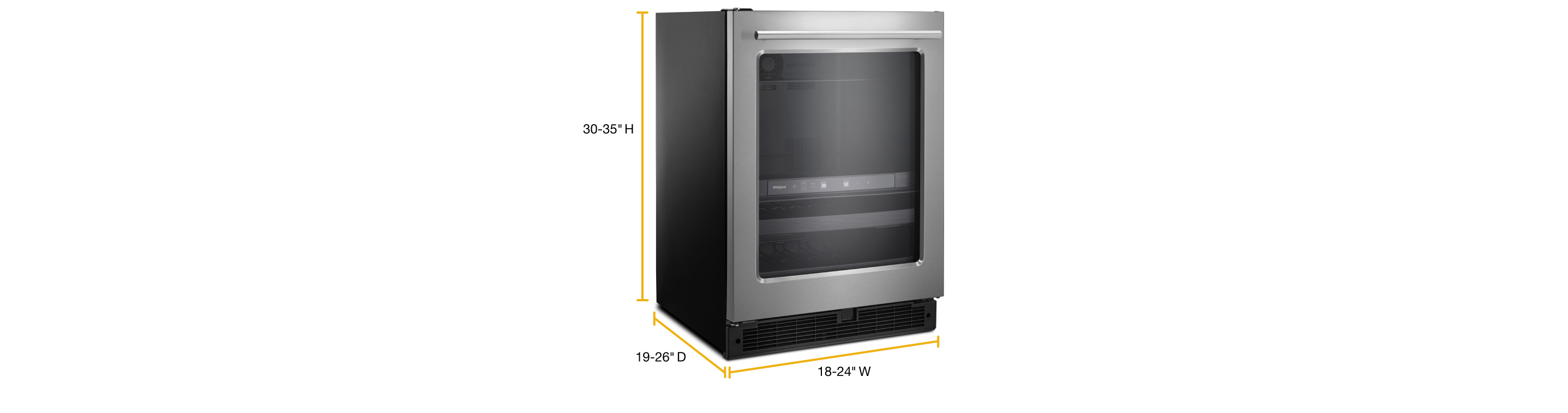 An upright mini fridge with the dimensions displayed