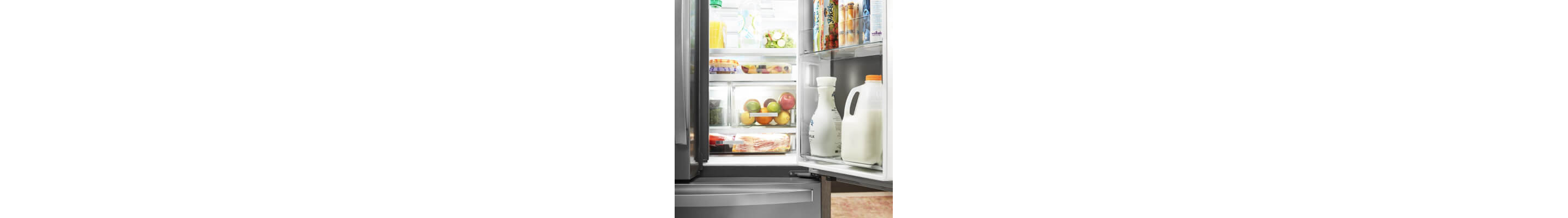 A Whirlpool® Refrigerator with door opened and a fully stocked interior
