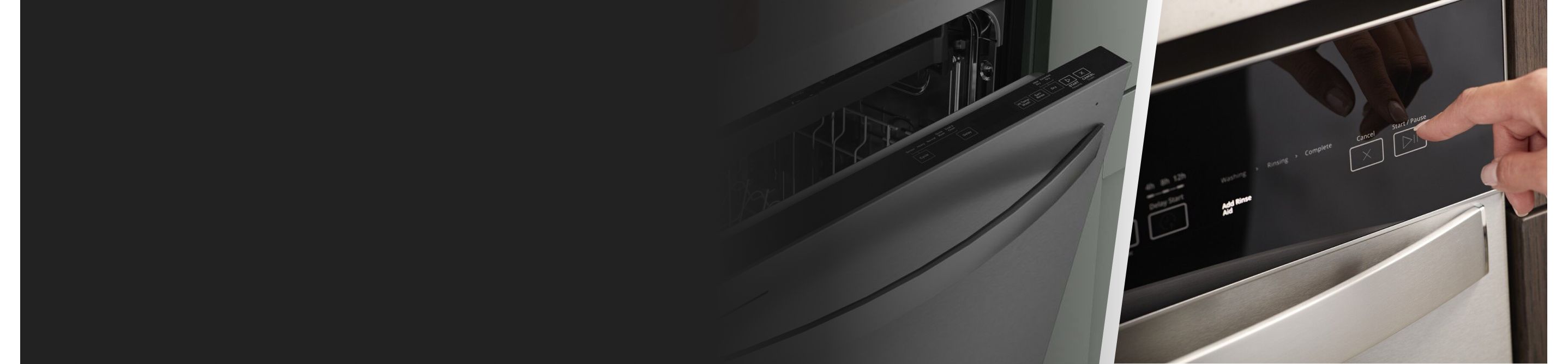 Close up of a top control dishwasher and a front control dishwasher.