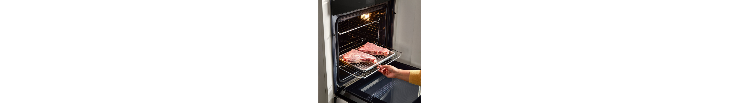 A person baking meat in the oven
