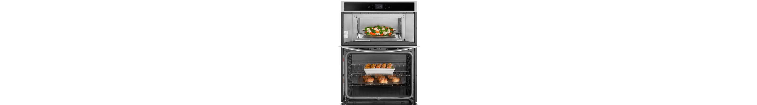 Various dishes cooking in a microwave-combination wall oven