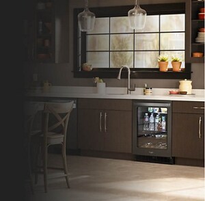 An undercounter refrigerator with beverages inside
