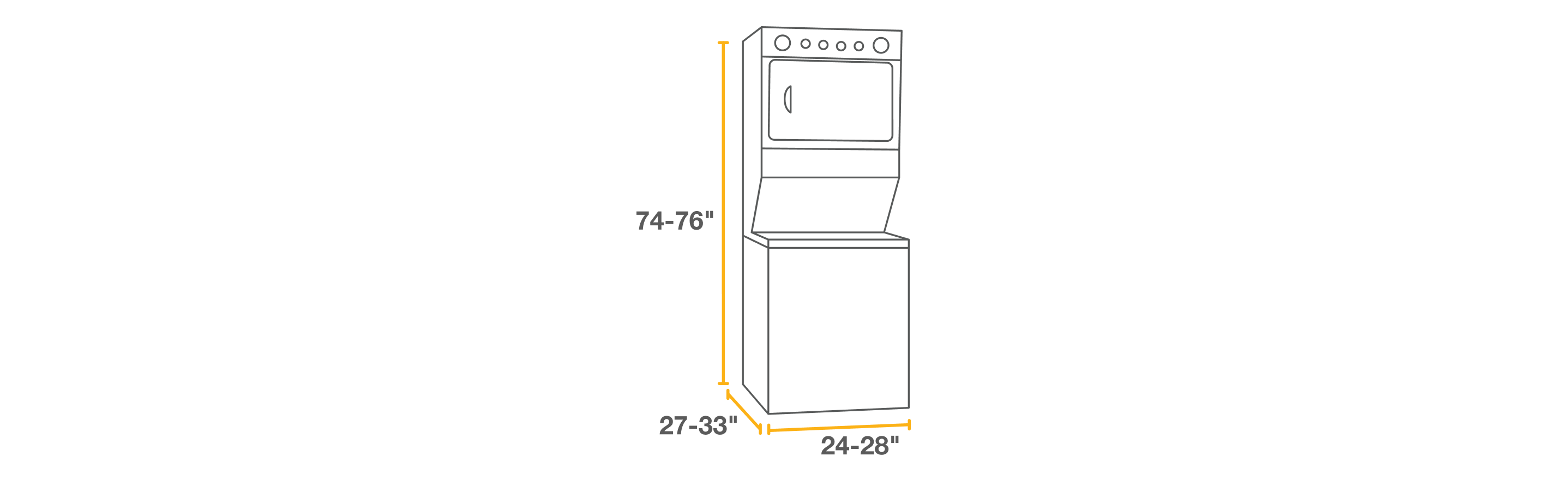 A graphic of a stacked laundry center showing the dimensions