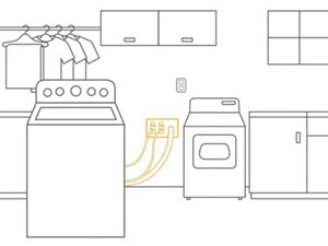  An illustration of a washer, pulled out, with hookups behind it on the wall