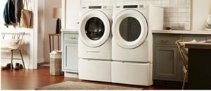 Stackable washer and store dryer with pedestal