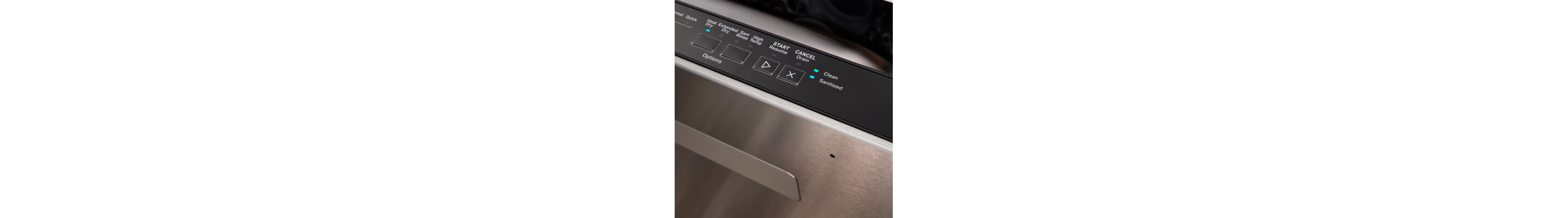 A top control panel on a dishwasher with blue lights on Clean, Sanitized and Heat Dry settings