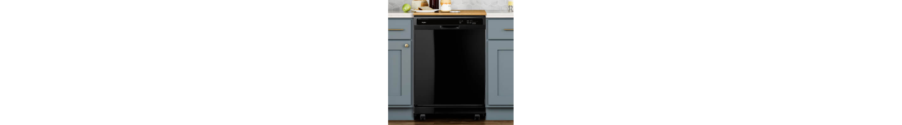A black semi-integrated dishwasher with a front control panel and a towel handle placed between powder blue cabinets