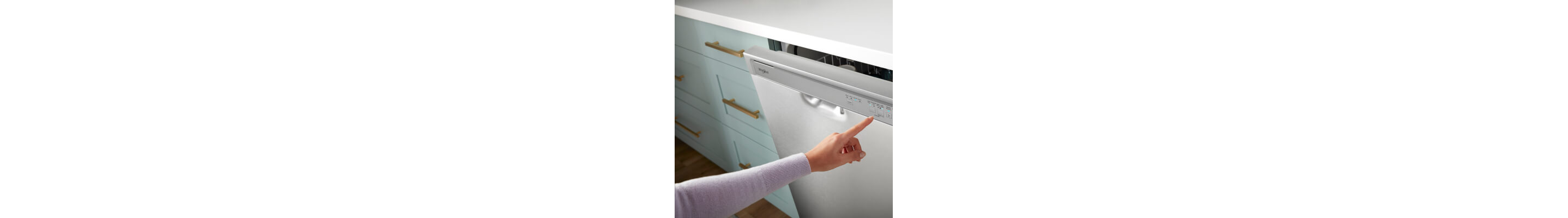 An arm pointing to the control panel on a slightly ajar semi-integrated dishwasher