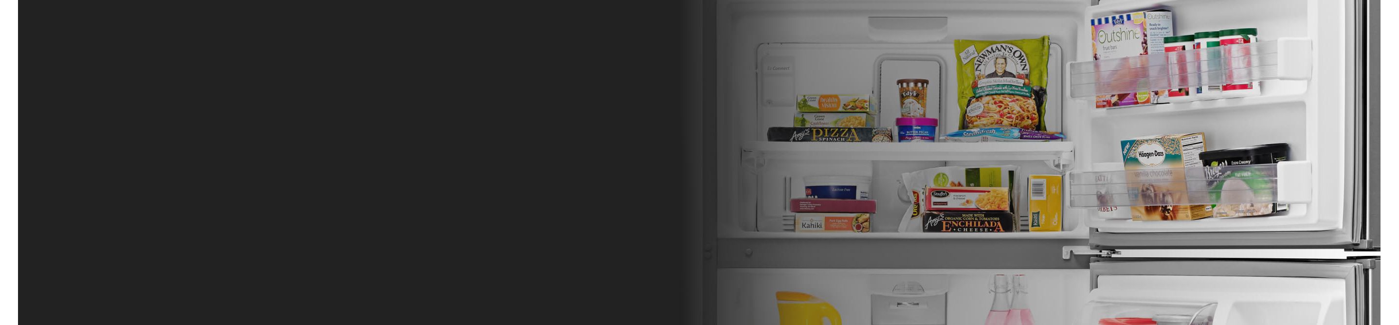 A Whirlpool® freezer with a variety of frozen foods inside