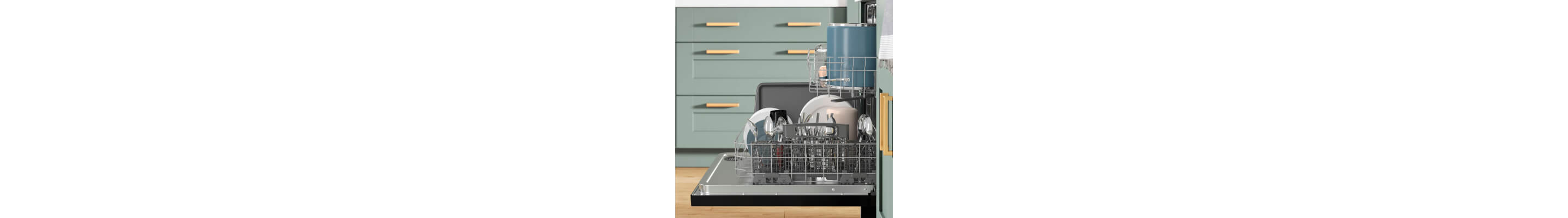 Open dishwasher filled with dishes and utensils