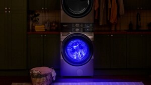 A Whirlpool® laundry tower in a laundry room