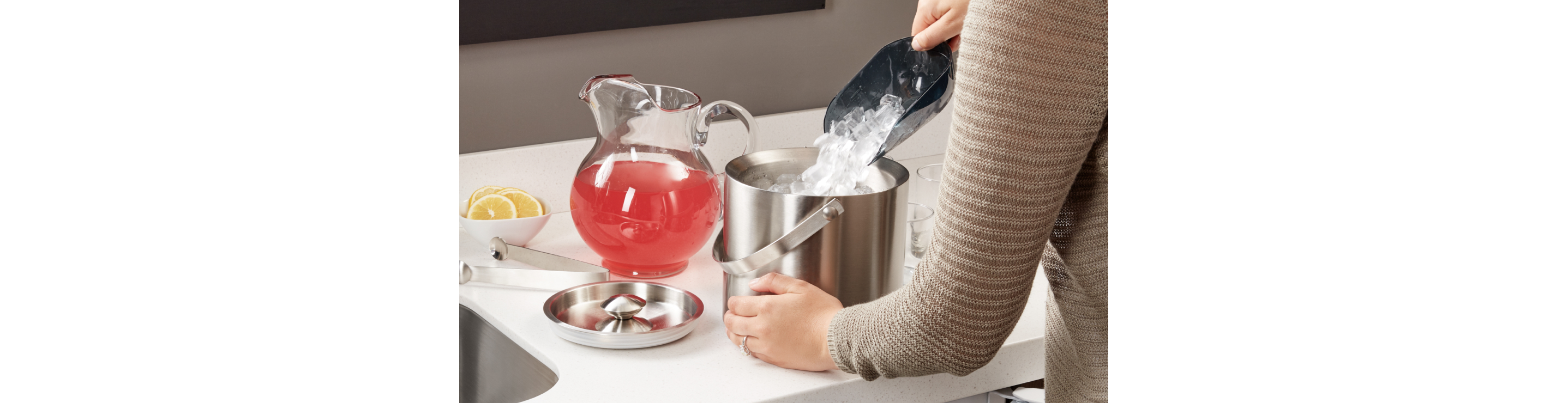 Ice bucket on the countertop.