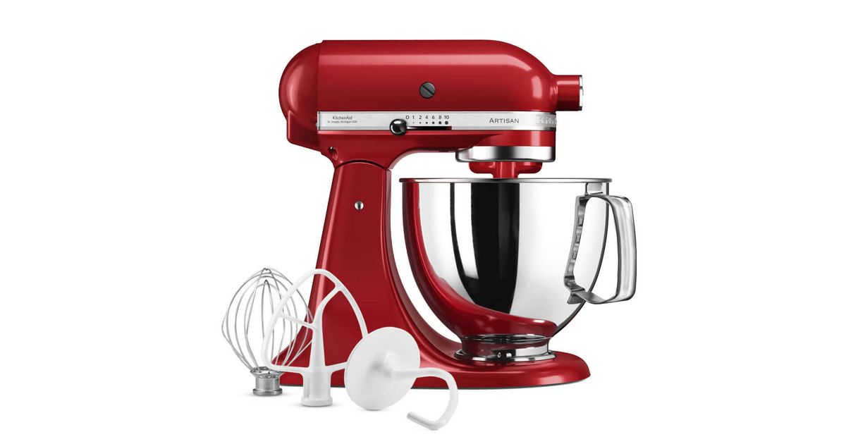 A red tilt-head stand mixer with a stainless steel bowl, shown from the front.