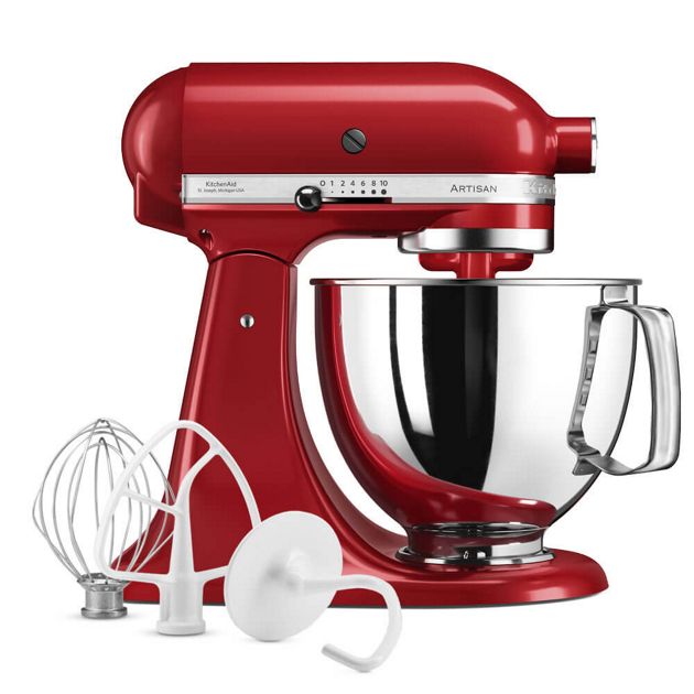 A red tilt-head stand mixer with a stainless steel bowl, shown from the front.