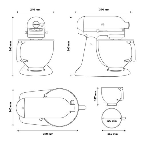 Kitchenaid Food processor 5KSM193ADEMY Jaune pastel Technical Drawing
